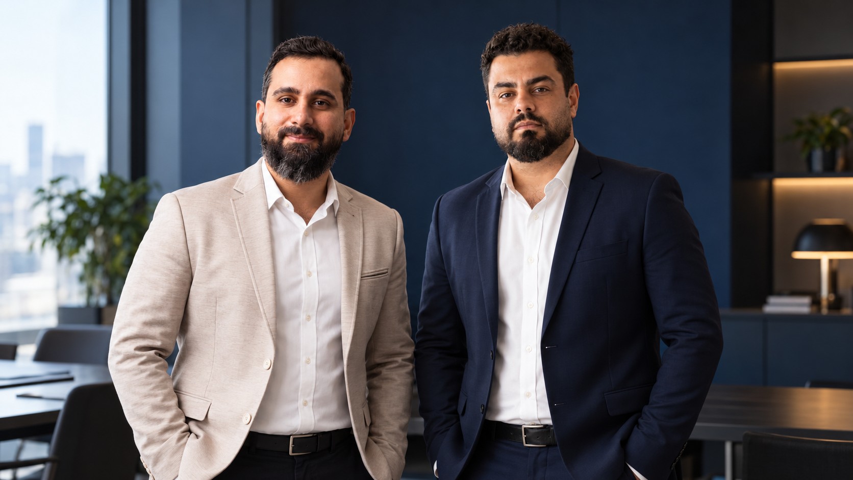 Alexandre Matias e João, sócios da Gesttor, de pé em uma sala de reunião